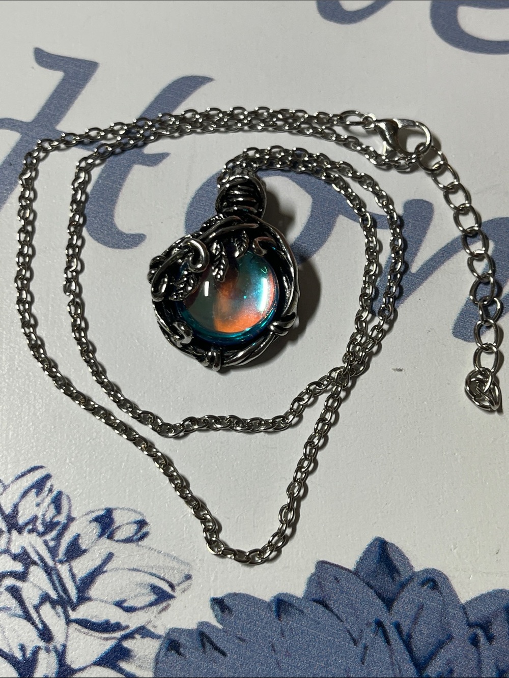 Silver-Tone Iridescent Glass Pendant Necklace - Multicolor